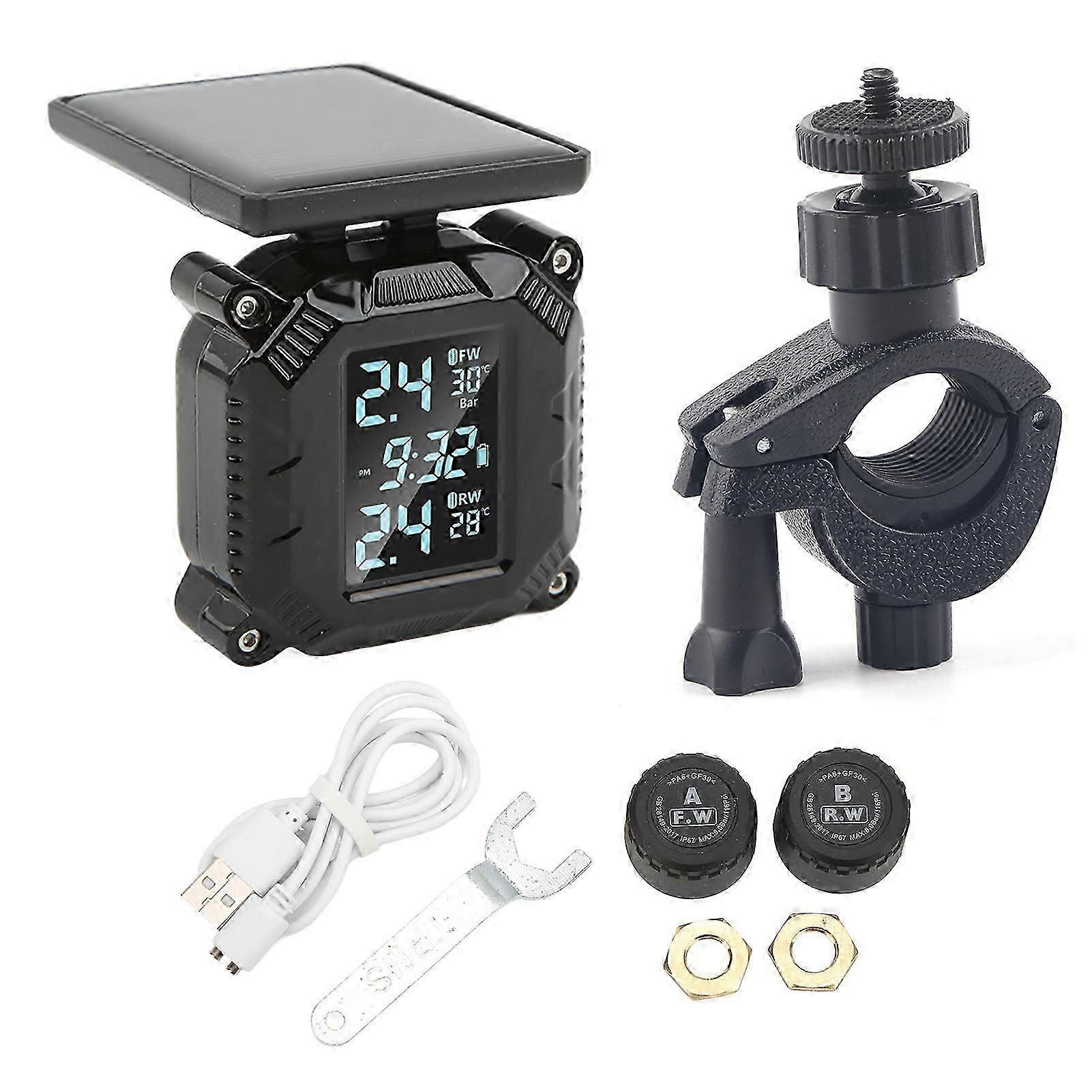 Motorcycle Wireless Tire Pressure Temperature Monitoring System Solar Powered LCD Screen Waterproof Tire Pressure Sensor