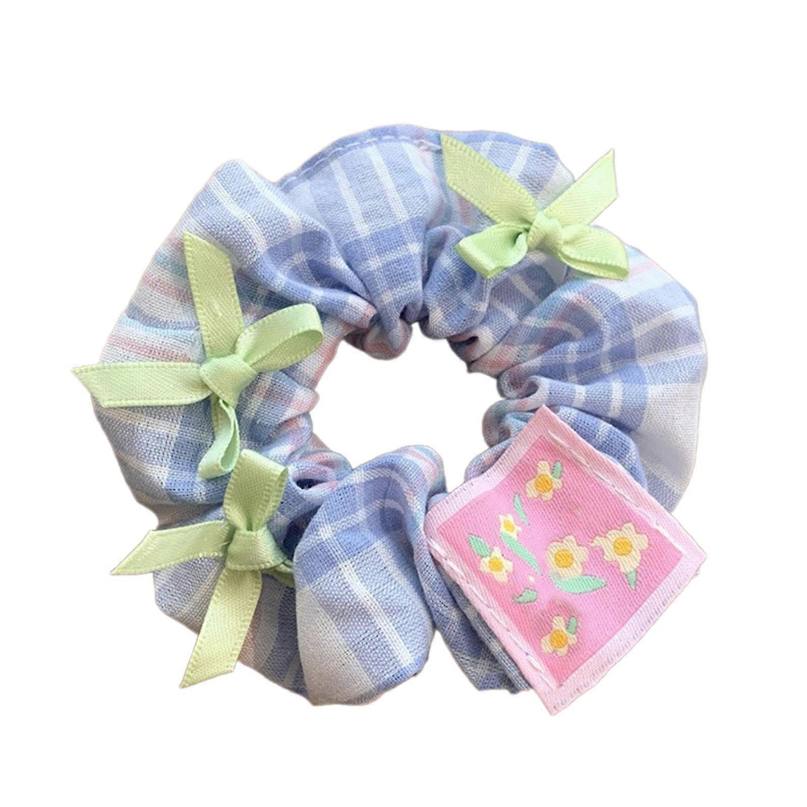 Lattice Pattern Hair Scrunchies Elastic Hair Rope with Bowknot Summer Spring Elastic Hair Tie for Girl Braids Holder Blue