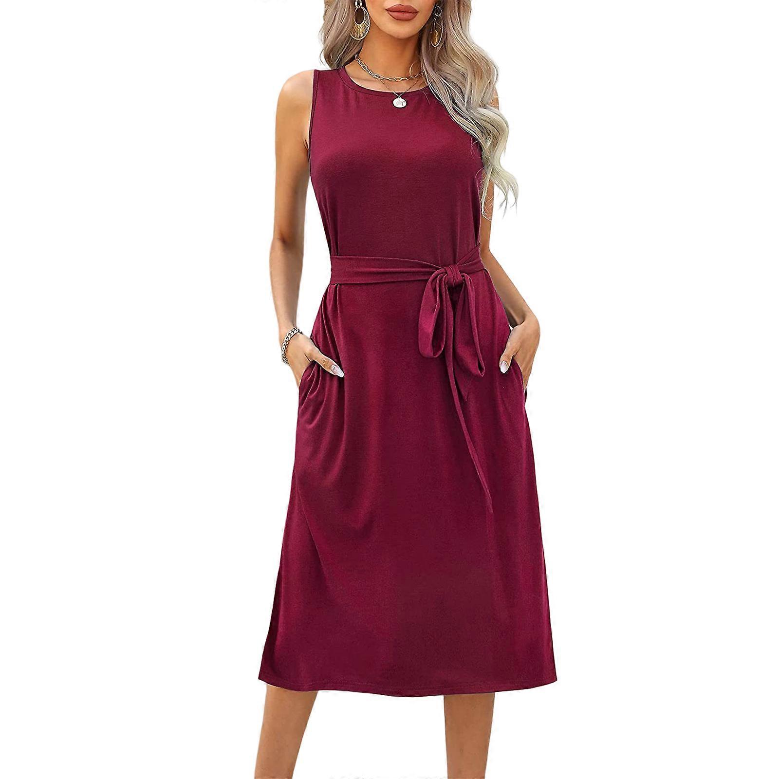 Women Summer Casual Sleeveless Crewneck Midi Long Tank Dress Solid Color Tie Waist Side Slit A-Line Dresses with Pockets Burgundy S | Fruugo UK Women Summer Casual Sleeveless Crewneck Midi Long Tank Dress Solid Color Tie Waist Side Slit A-Line Dresses with Pockets Burgundy S | Fruugo UK