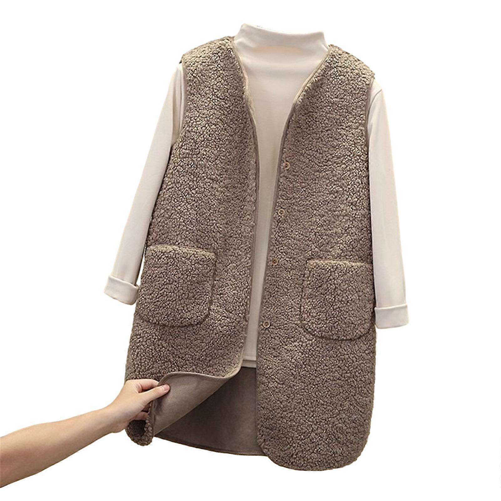 Womens Sleeveless Sherpas Vest with Pockets Button Down Open Front Fleece Cardigan Sweater Fuzzy Jacket Coat Light brown XL