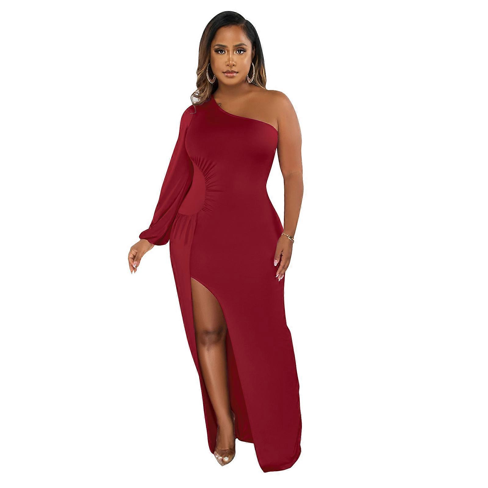 Women One Shoulder Lantern Long Sleeve Maxi Dress Sexy Ruched Empire Waist  Pacakge Hip Thigh High Split Bodycon Dresses Burgundy XL