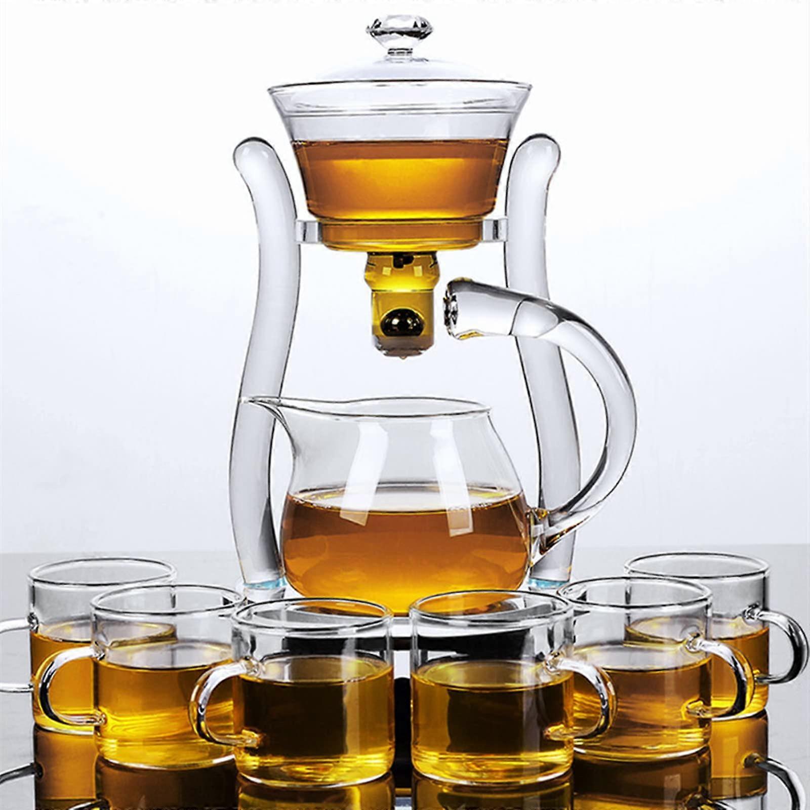 Lazy Kungfu Teapot Glass Semi Automatic Tea Machine Small Automatic Water Brecking Teapot Office Flower Glass Tea Set (Transparent Teapot + 6 Pieces)
