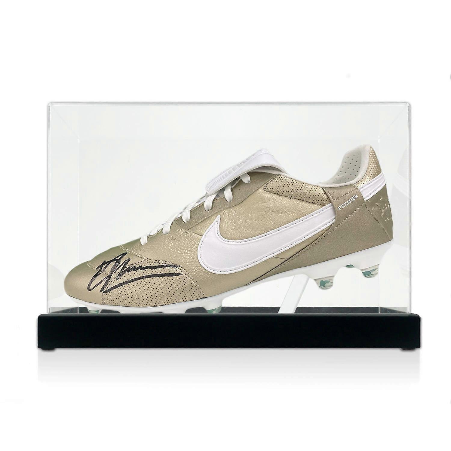 Dennis Bergkamp Signed Gold Premier Football Boot. Display Case