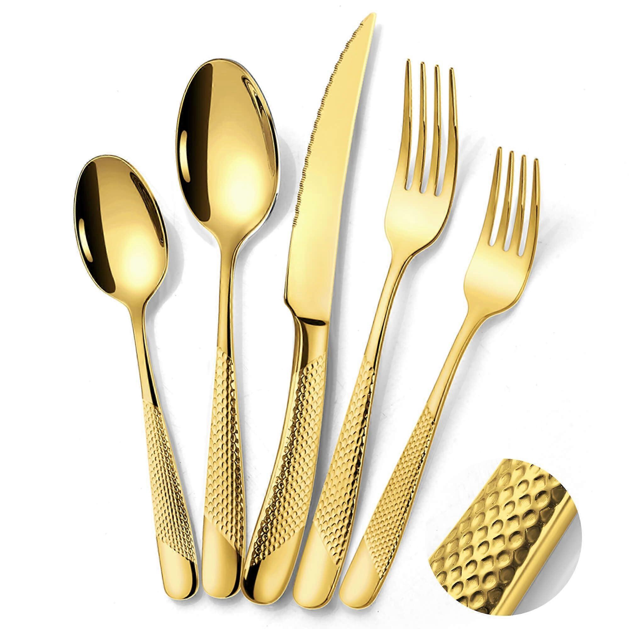 20 Piece Silverware Set Hammered Gold For 4 Dishwasher Safe