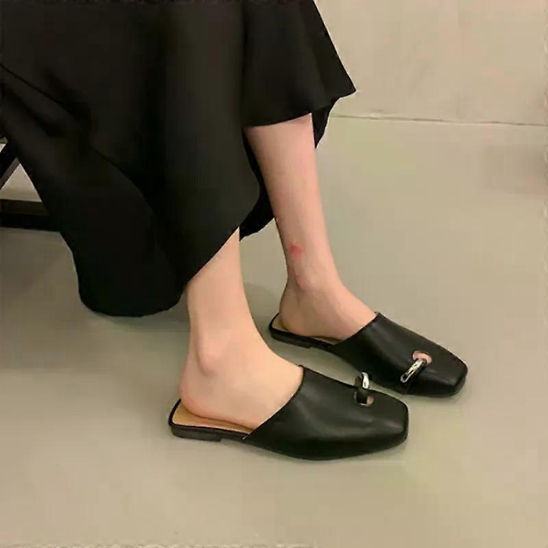 Nyhed Design Hjemmesko Dame Firkantet Tå Muldyr Sko Sommer Ny Ko Læder Damer Mode Udendørs Hjemmesko Dcfh233