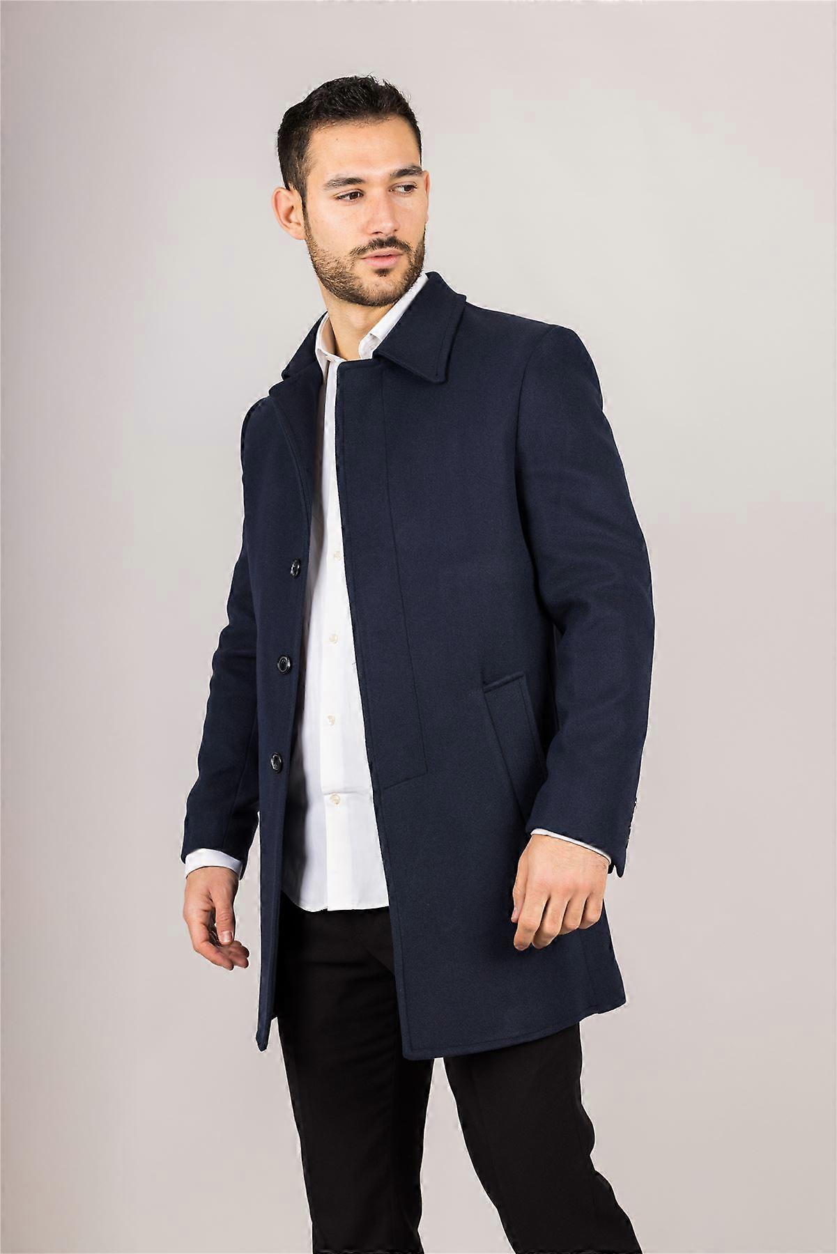 Men's Wool Blend Classic Collar Navy Overcoat