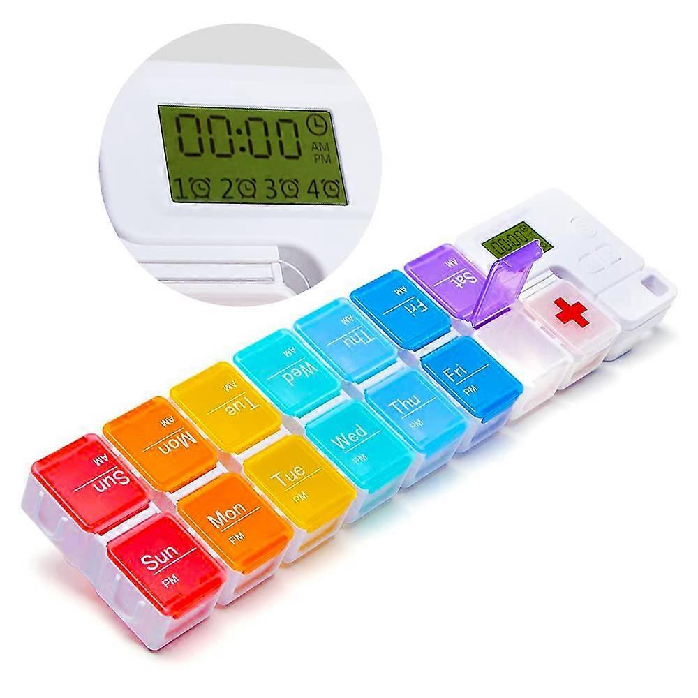 7 Day Pill Organizer With 4 Alarm Reminders, 14 Compartments, Moisture-Proof, LCD Screen, Holds Vitamins And Supplements