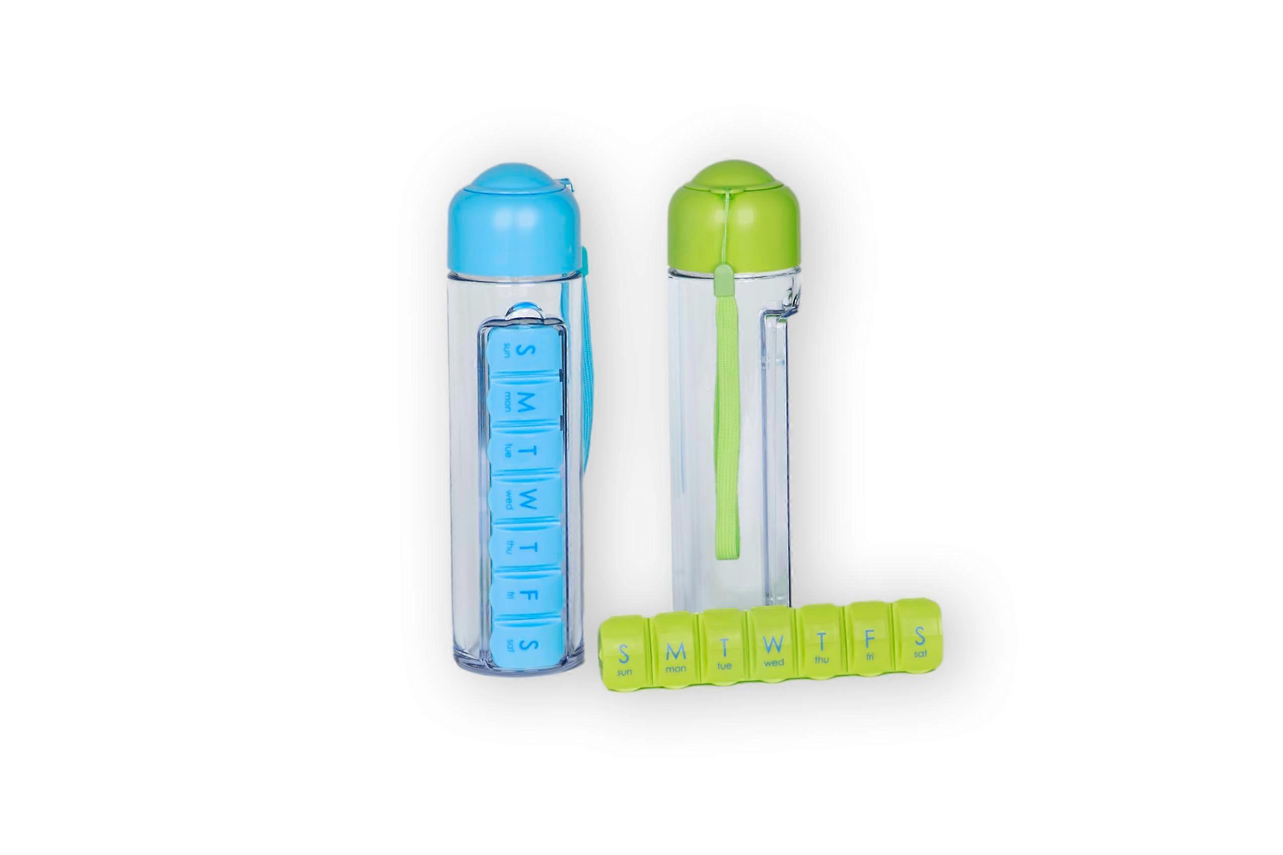 Water Bottle and Pill Organizer 400ml Blue Travel Water Bottle with 7 Day Weekly Pill Case for Medication Management