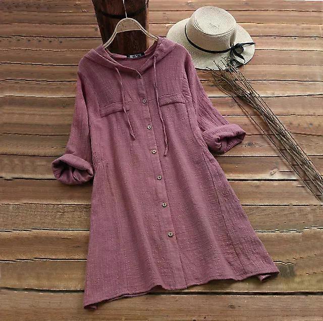 Women's Drawstring Cotton and Linen Solid Color Hat Loose Hooded Long Sleeve Cardigan Shirt