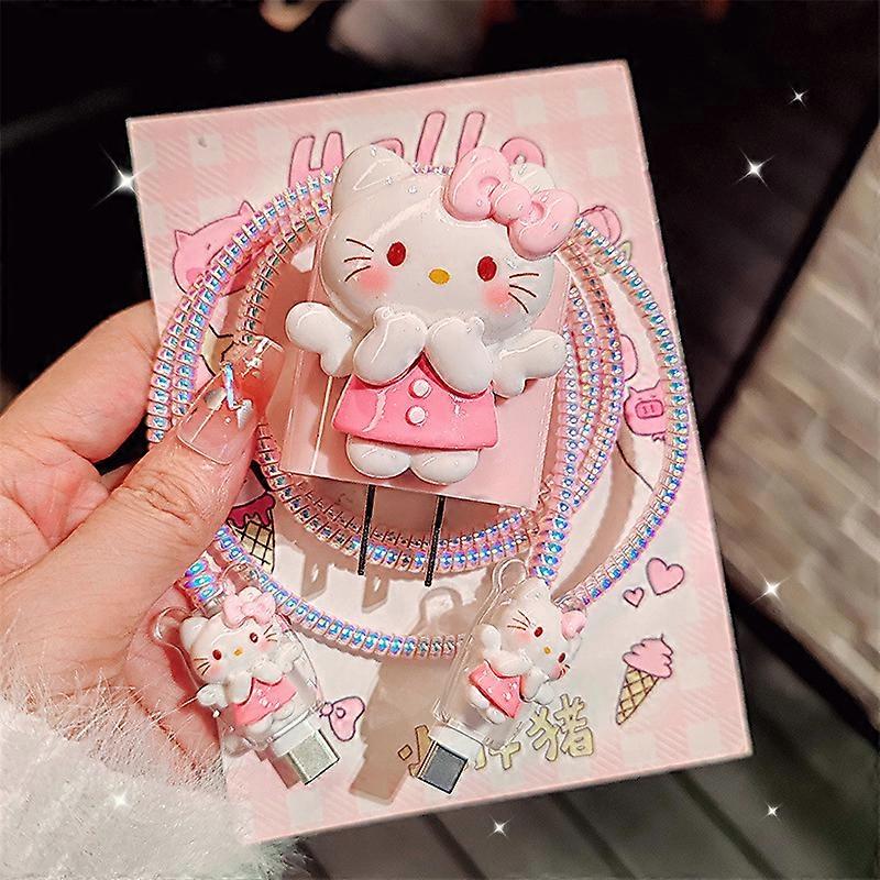 Sanrio Hello Kitty Charger Data CableProtector Case Winder Kit ل Apple 18W 20W غطاء واقي لمحول شاحن Apple 15