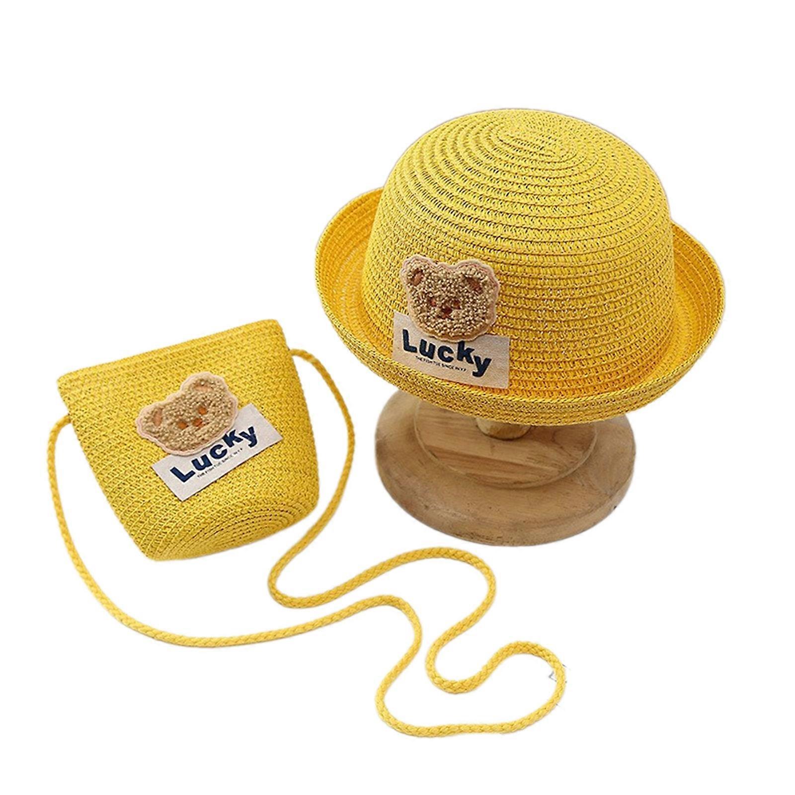 Halm Panama Hatt & Axelväska för Flicka Solskyddande Semester Strandhatt Barn Stråhatt Resehatt Flicka Axelväska MX007 gul