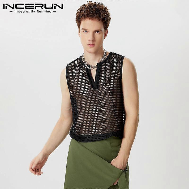 INCERUN Summer Men V Neck Sleeveless Hollow Out Plaid Tank Tops