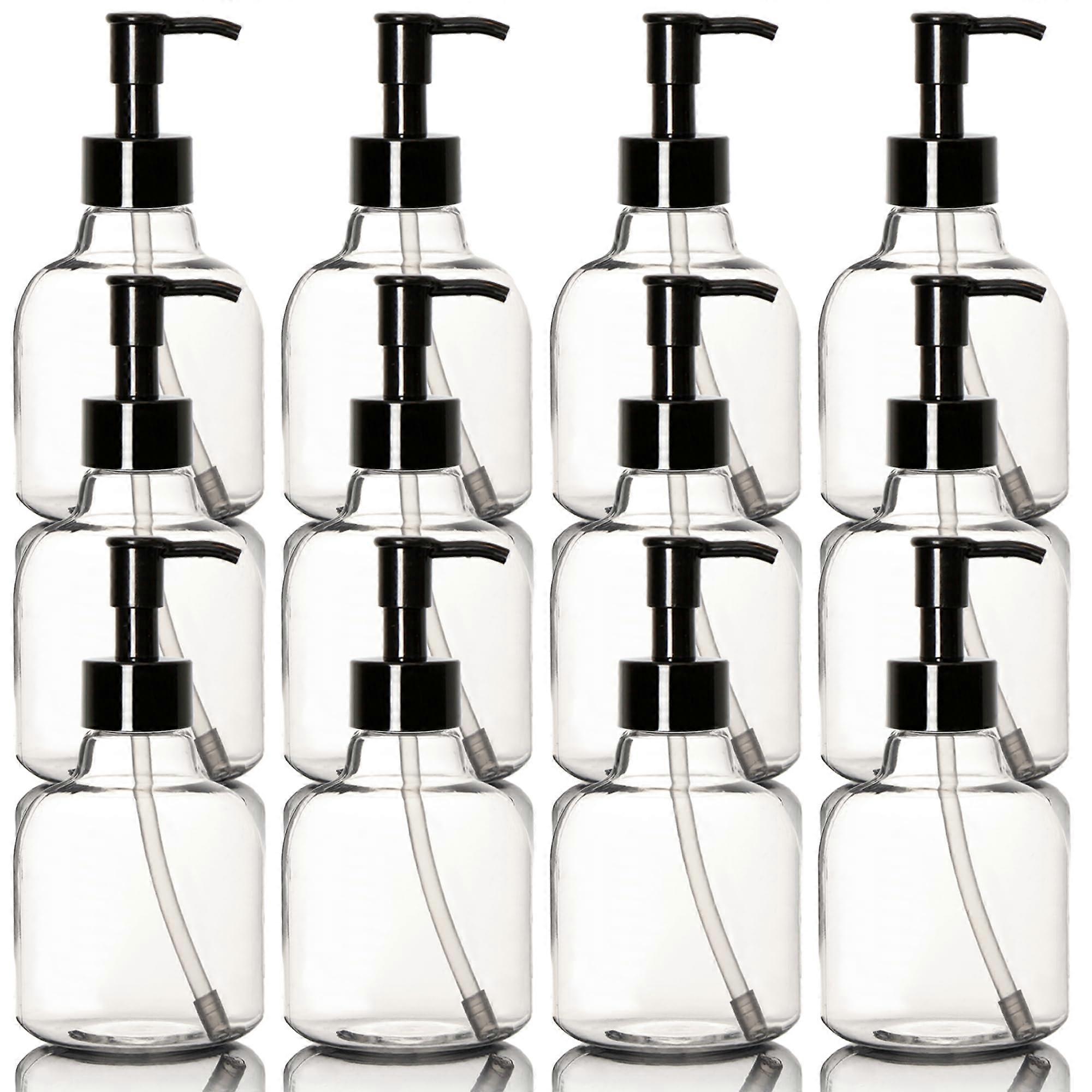 Plastic Pump Bottles 6 Pack, Clear Refillable, Travel Lock, 12 Ounce Capacity