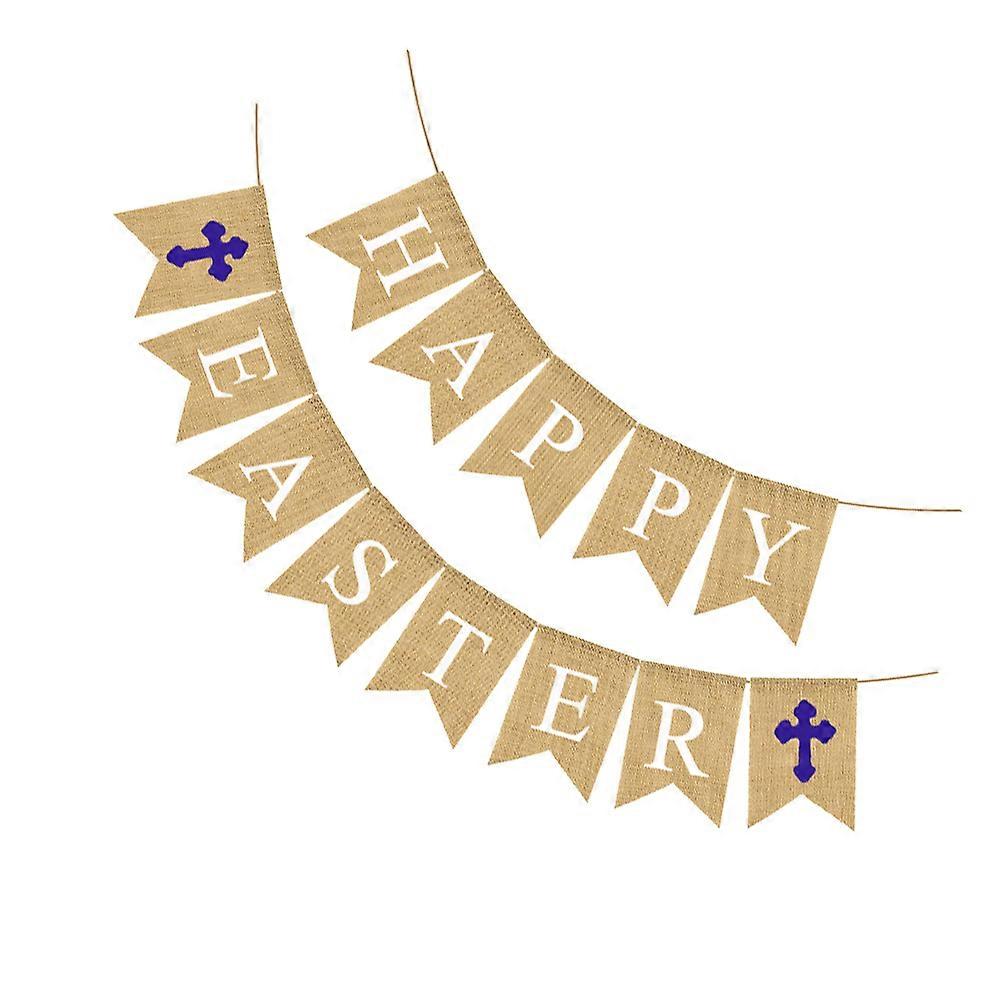 Linen Bunting Banner White Letter Printing Burlap Garland Easter Party Decorations Triangle Shape 1 Set