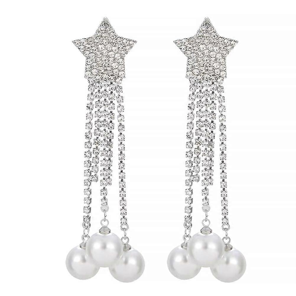 Bride Earrings For Women Tassel Dangling Earrings Rhinestone Imitation Pearl Five-Pointed Star Design 1 Pair