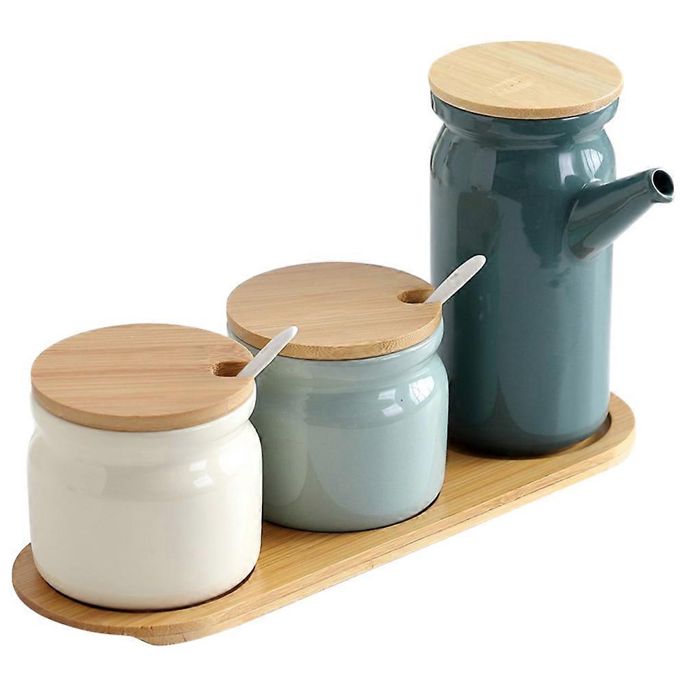 Ceramic Seasoning Jars with Wooden Base for Kitchen Assorted Color 1 Set Easy to Clean