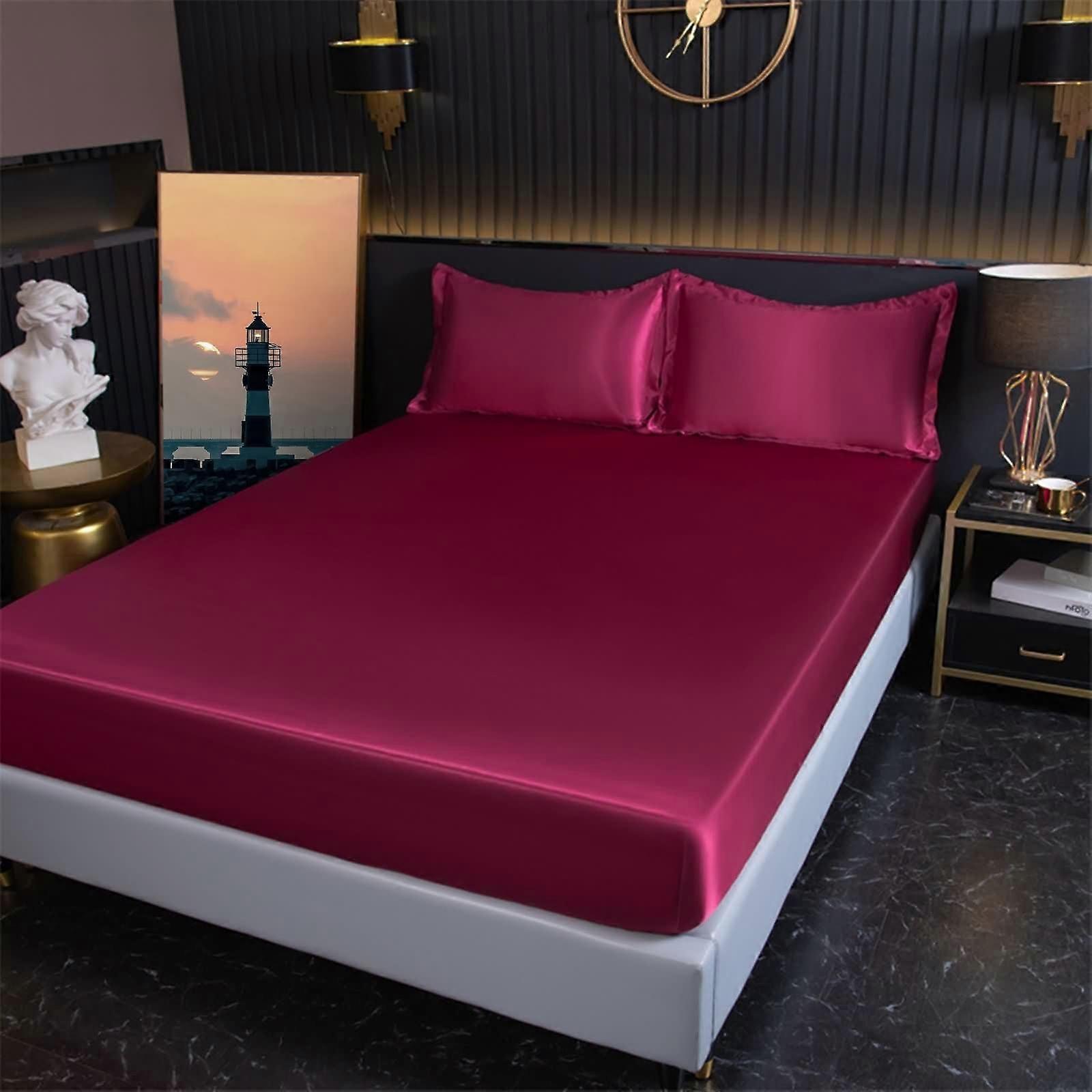 Topper Fitted Sheet 200x220 cm Satin Bed Sheet Wine Red 20 cm Deep Pocket Plain Design 200x220 cm Fitted Sheet