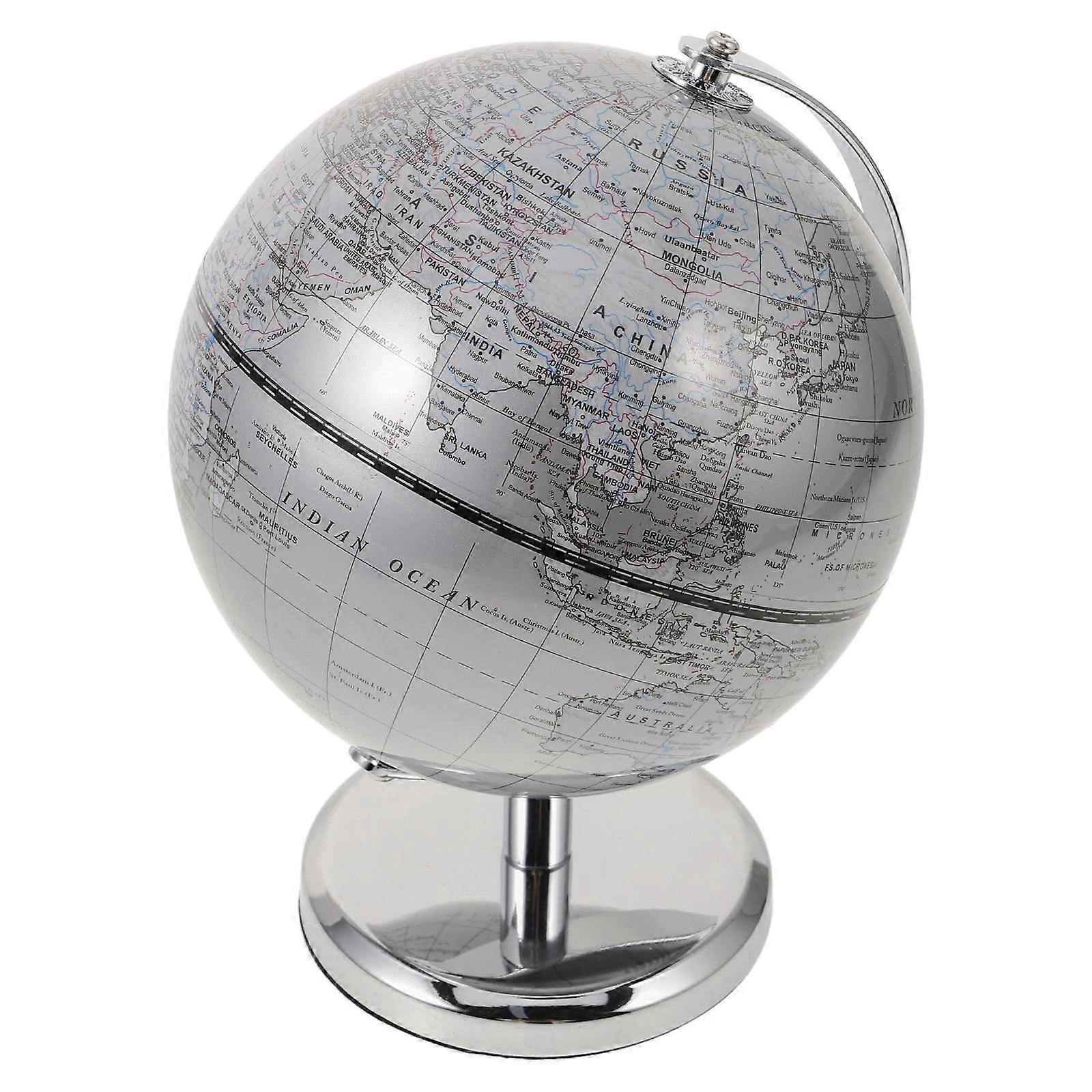 World Map Decoration Educational Tool Desktop Globe Tabletop Terrestrial Globe Silver 14cm Diameter For Home Office Shelf Display 1Pcs