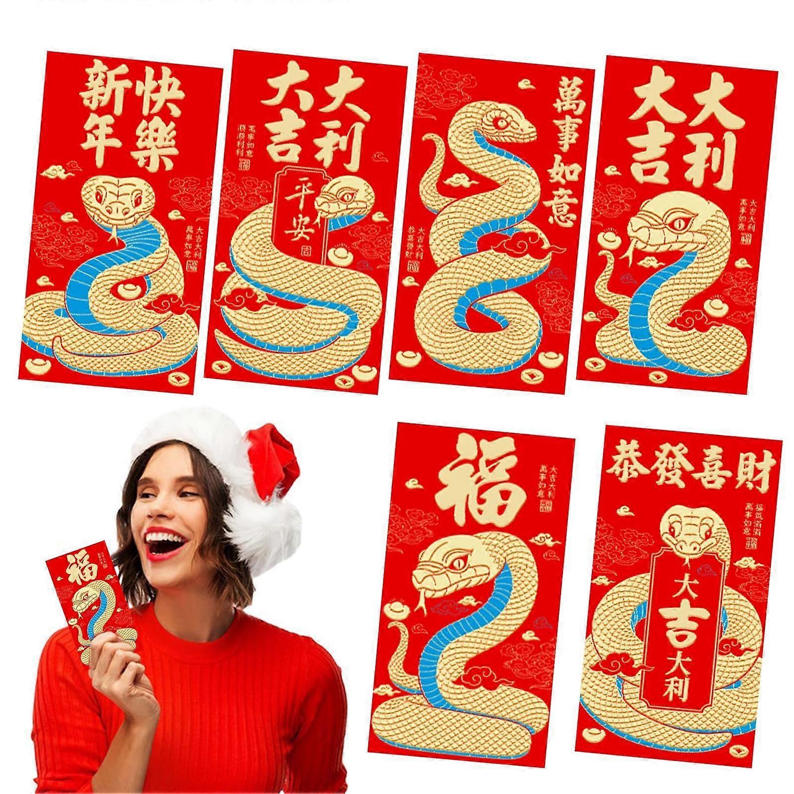 Red Chinese Money Envelopes, 6 Pack of Traditional Red Pockets for 2025 Year of the Snake, Luck Gift Envelopes