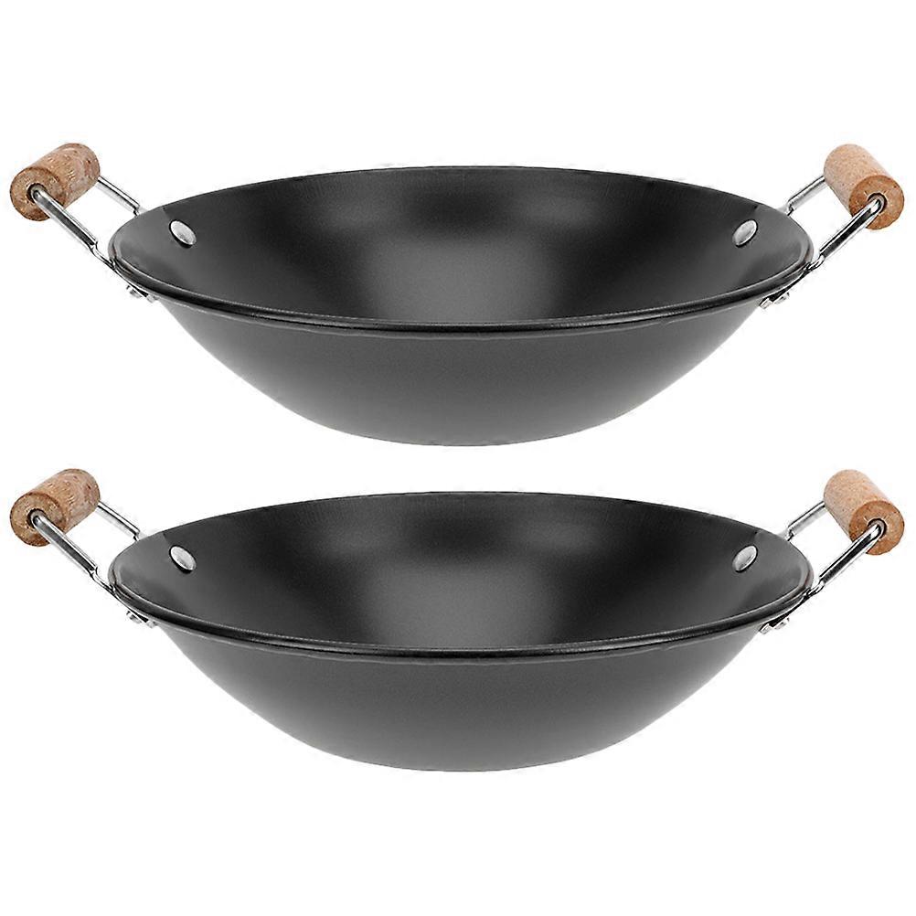 Black Metal Wok with Double Wooden Handles for Kitchen Use Easy to Clean and Ideal for Daily Cooking 2pcs