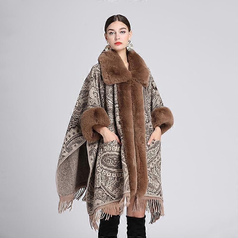 Winter Women's Shawl Cape Jacket Fur Collar Jacquard Loose Tassel