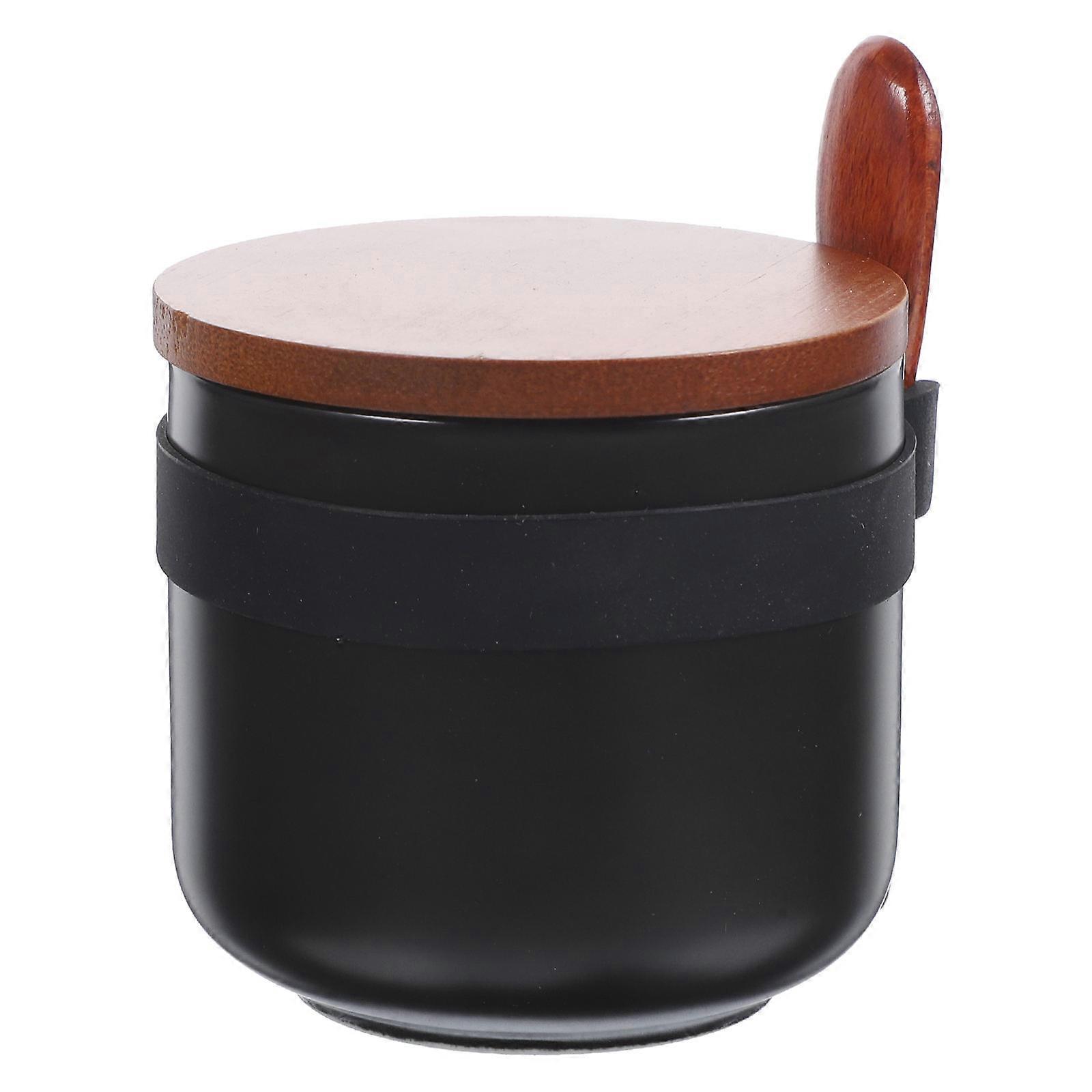 Ceramic Jar with Wooden Spoon for Spice Storage in Black Color 150ml Capacity