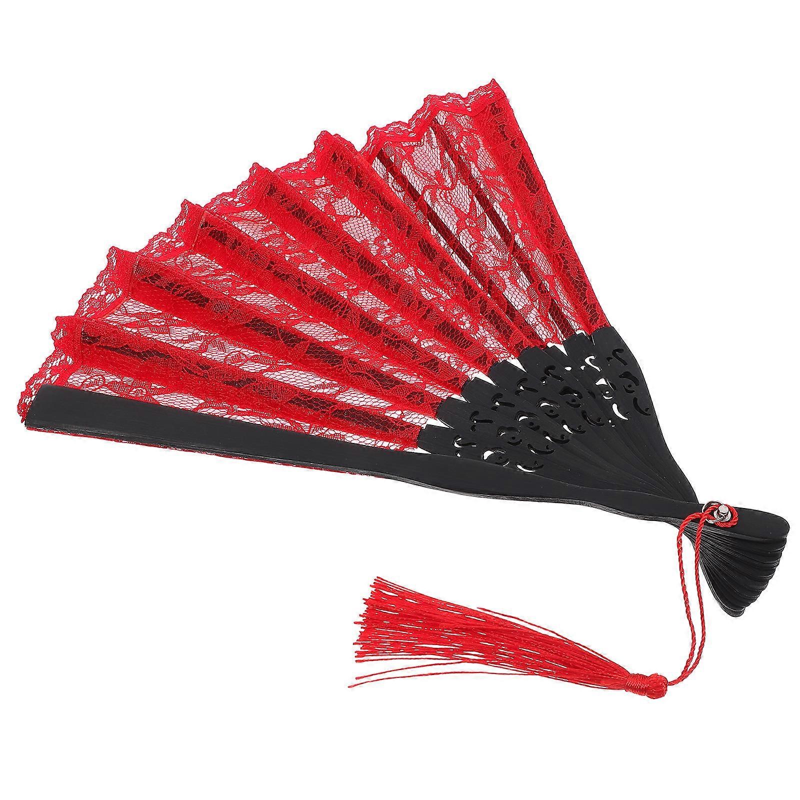 Red Vintage Folding Fan with Lace Design for Summer Music Festivals and Parties 9.5 Inches