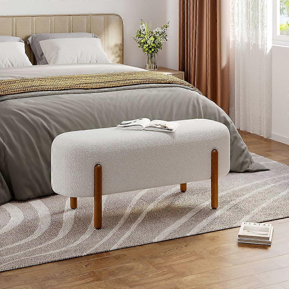 Ottoman Bench Upholstered Rectangular Seat with Walnut Legs Beige