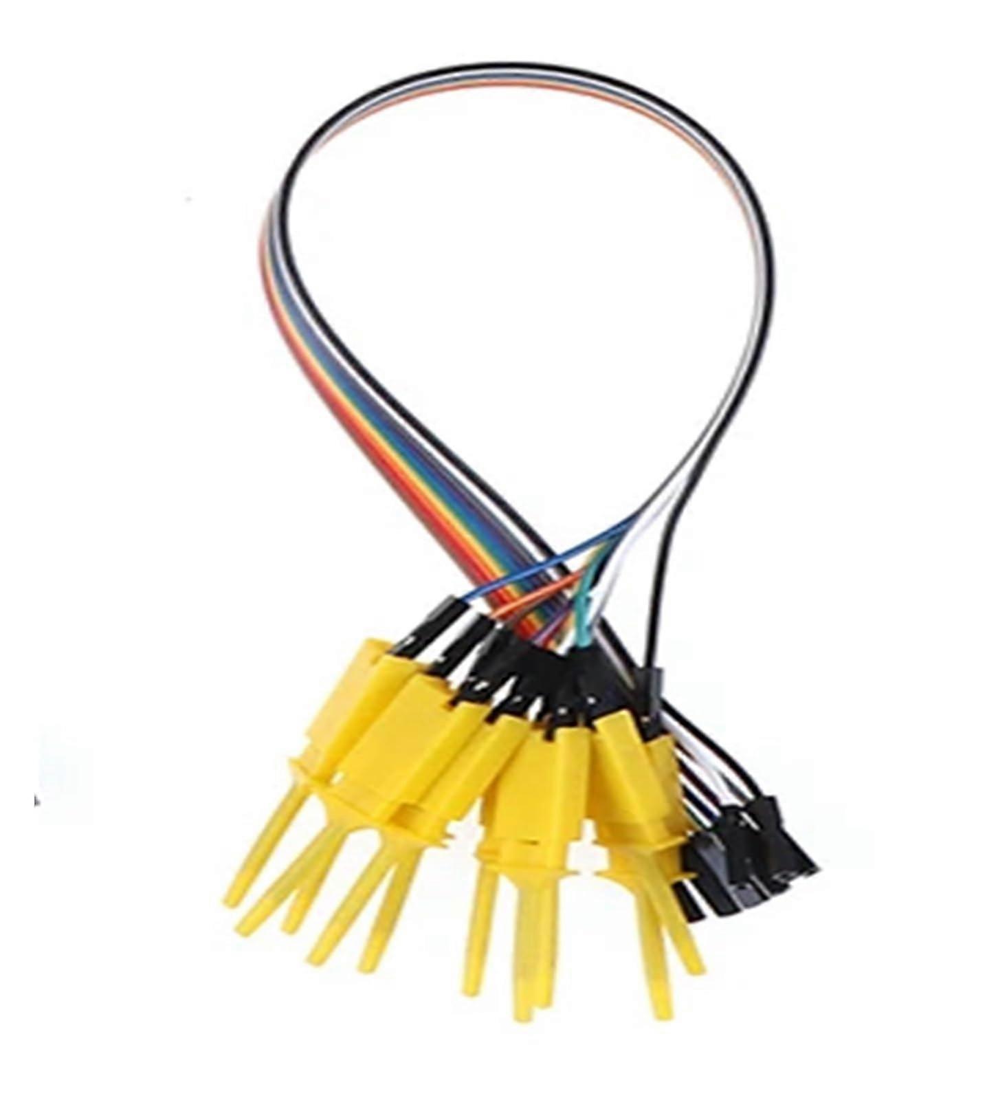 20 cm Plastic Metal Logic Analyzer Cable Gripper Probe Test Lead 10-Pin Hook Clamp Set for Chip Pin Testing Yellow