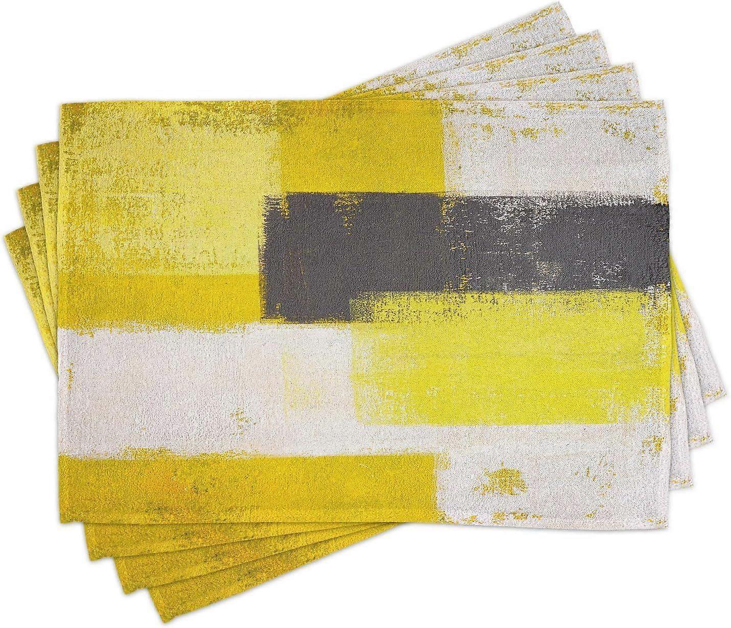 Grey and Yellow Place Mats Set of 4, Abstract Grunge Style Brushstrokes Painting
