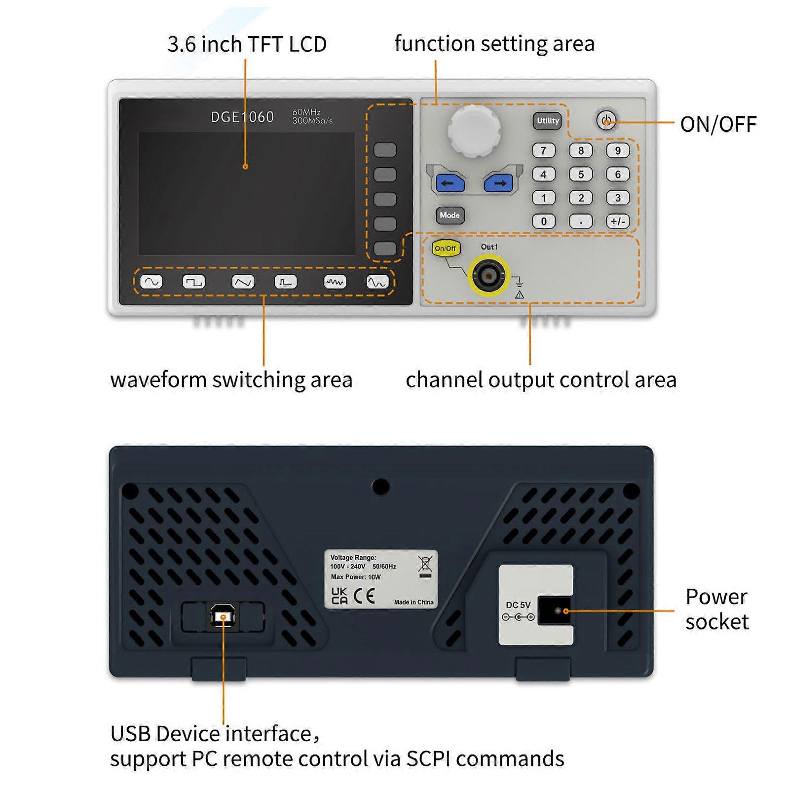 DGE1060 60MHz 300MSa/s 1CH Waveform Generator 3.6" LCD