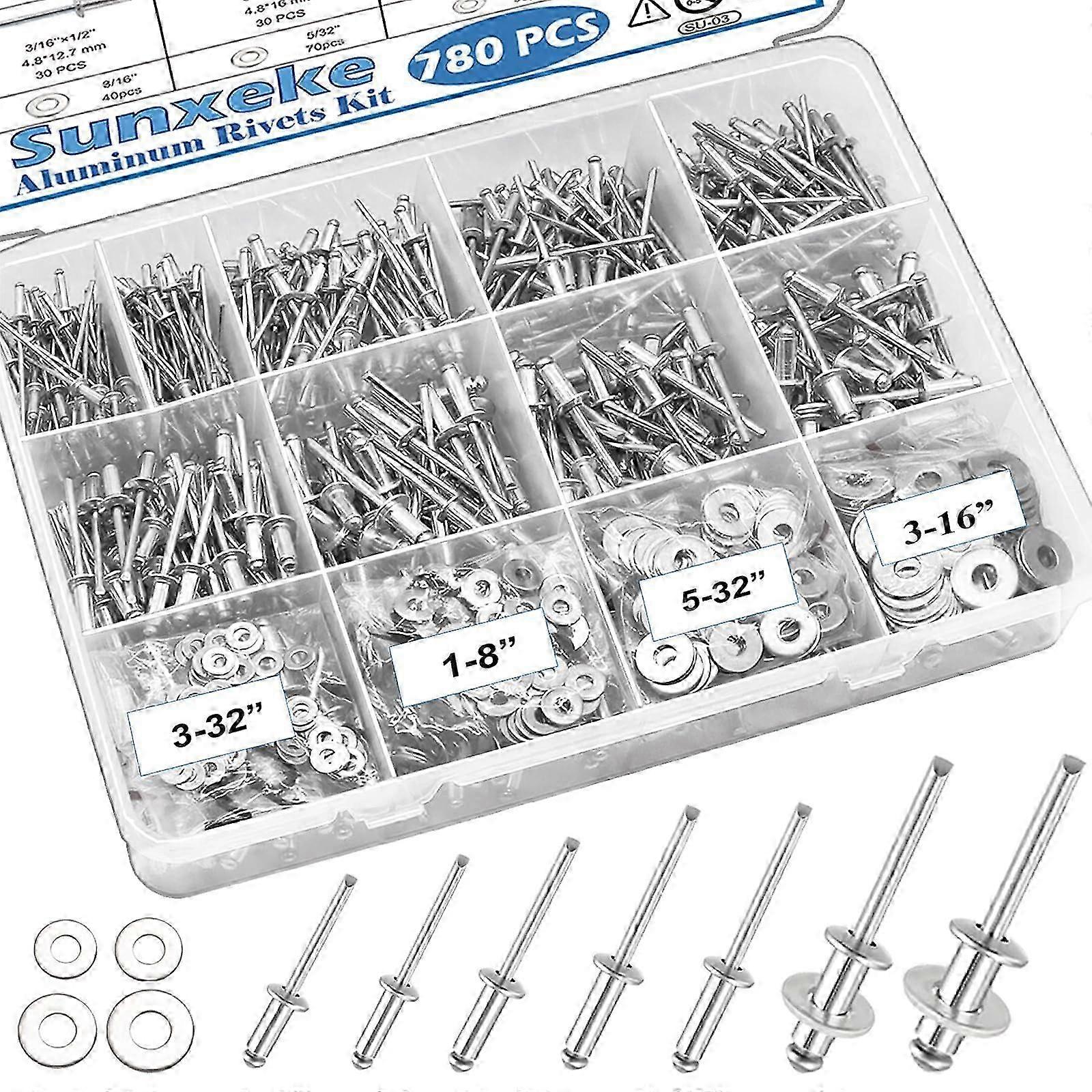780pcs Pop Rivets Assortment Kit with Washers, 14 Sizes Pop Aluminum Rivets (3/32 to 1/4 inch) for Various Uses