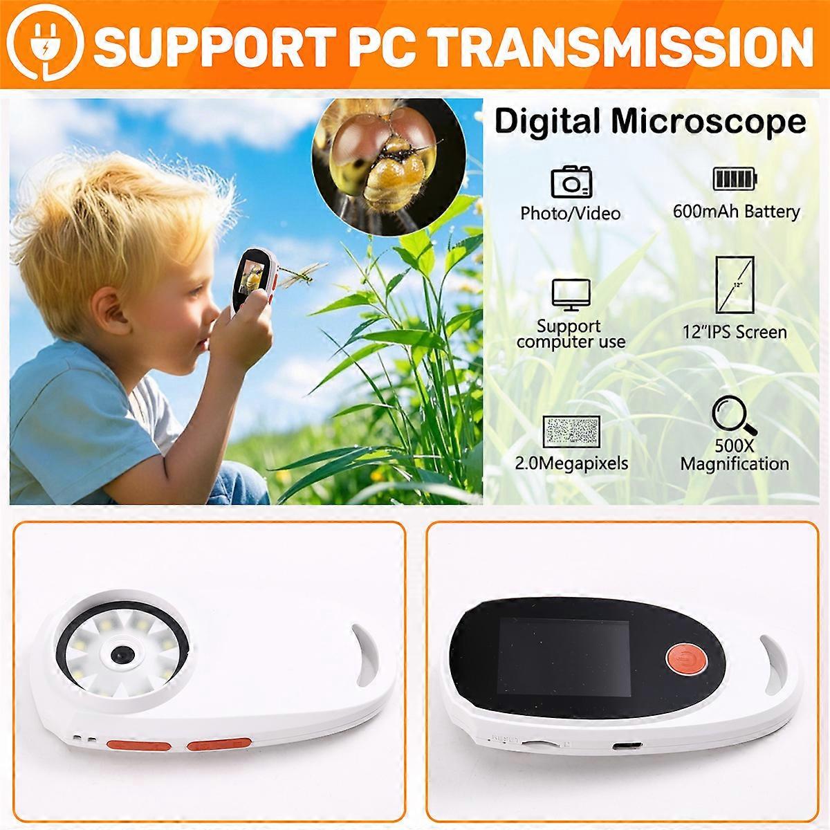 Handheld Digital Microscope with 2.0inch IPS Color Screen, Portable Magnifying Glass for Kids, 400x Magnification