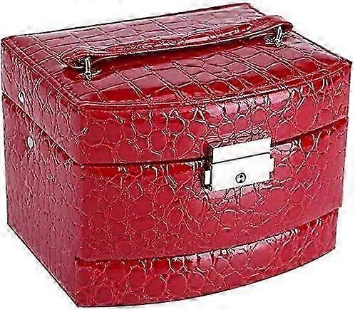 suitable for jewellery box, leather display case with 3 trays, drawers, velvety interior, 5 colors, key lockable, mirror accessories, red