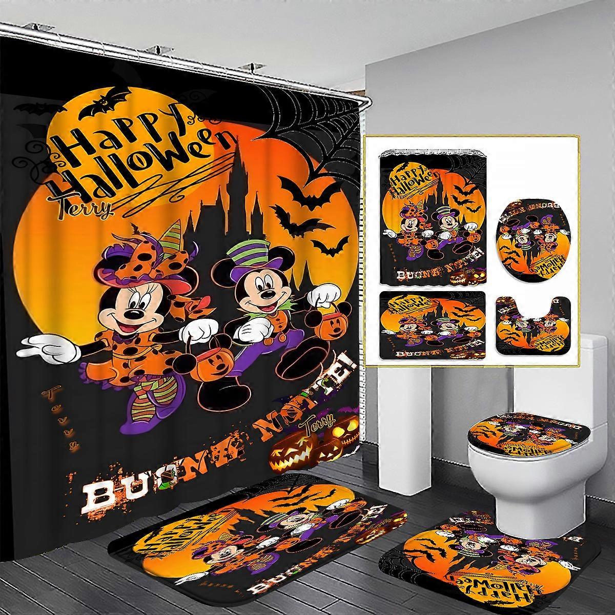 Halloween Mickey Mouse Cartoon Shower Curtain Gift Home Bathroom Decoration Curtain Mat 3-Piece Set