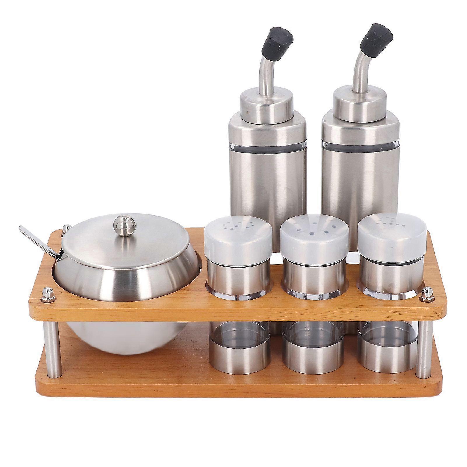 Kitchen Condiment Dispensers Set with Wood Base Multifunctional Oil Vinegar Bottles Set for Salt Sugar Vinegar Spices