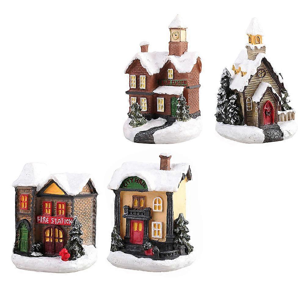 Resin Ornament Luminous Small House for Xmas Table Decor 4Pcs Set