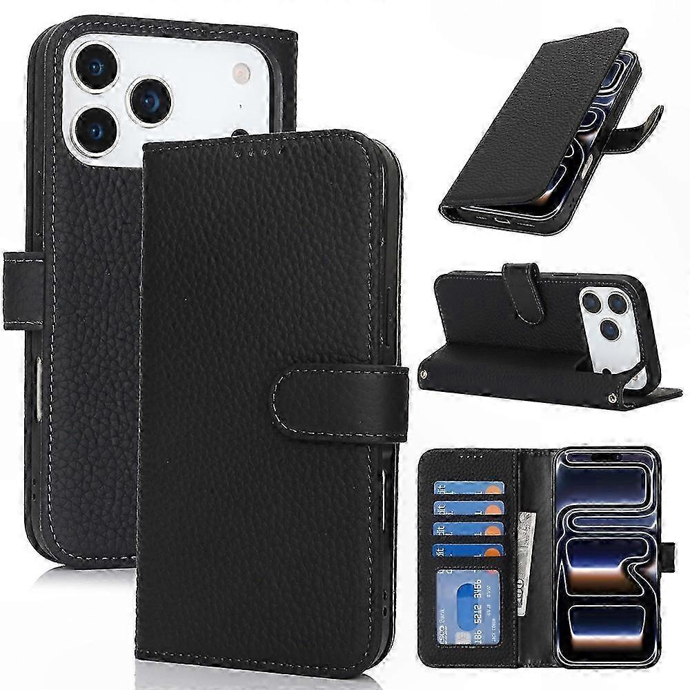Cowhide Leather Wallet Case with RFID Protection and Litchi Texture for  17 Pro Max Stand Function Phone Cover