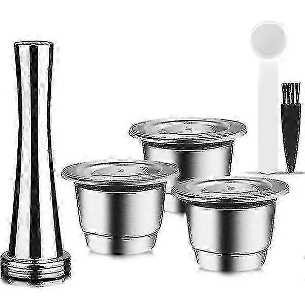 Capsule, Reusable, Stainless Steel, 3 Pcs Refillable Pads For Nespresso + 1 Tamper + 1 Spoon + 1 Cs Fast