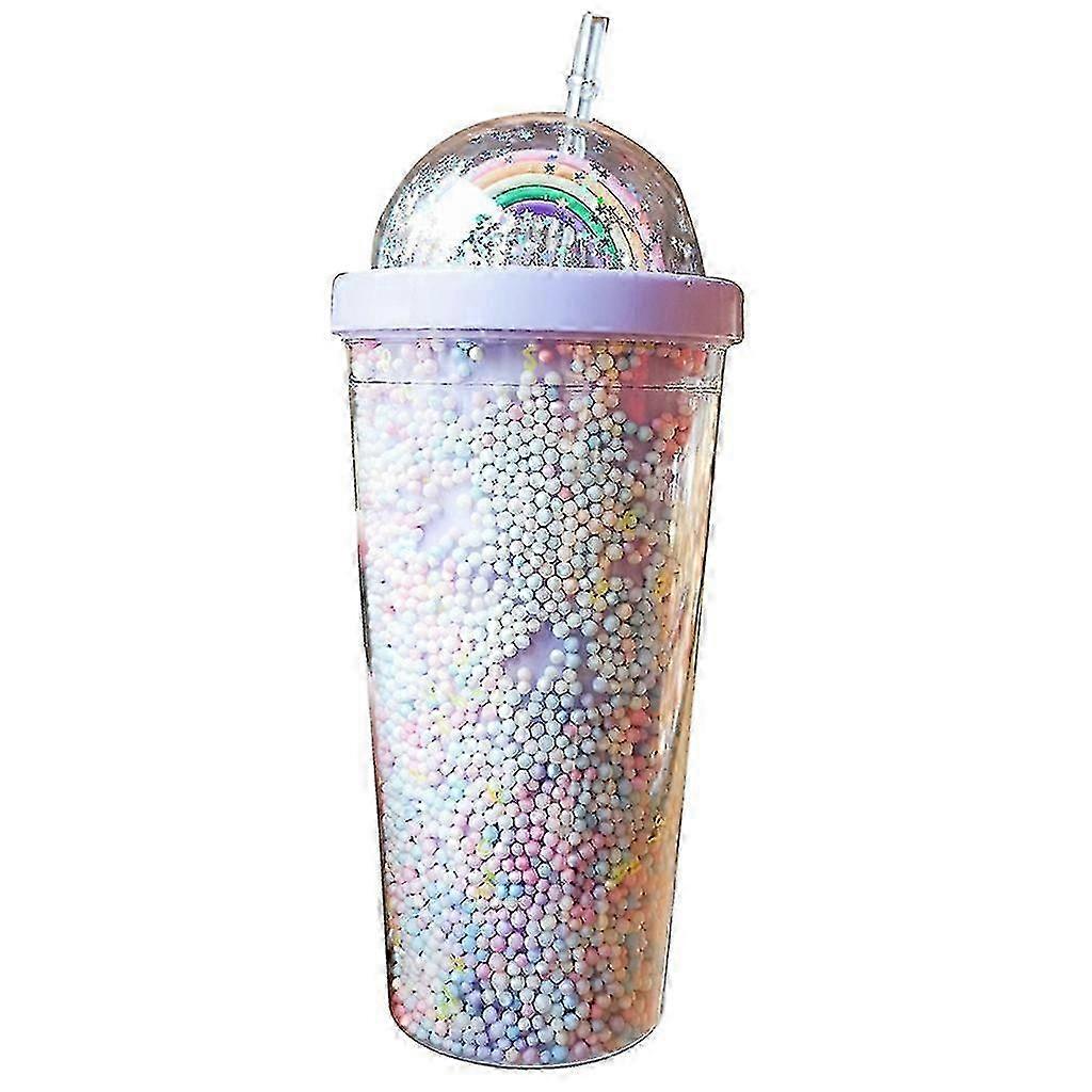 25-26 550ml Rainbow Plastic Water Bottle Double Layer Sequins Drinking Cup With Straw