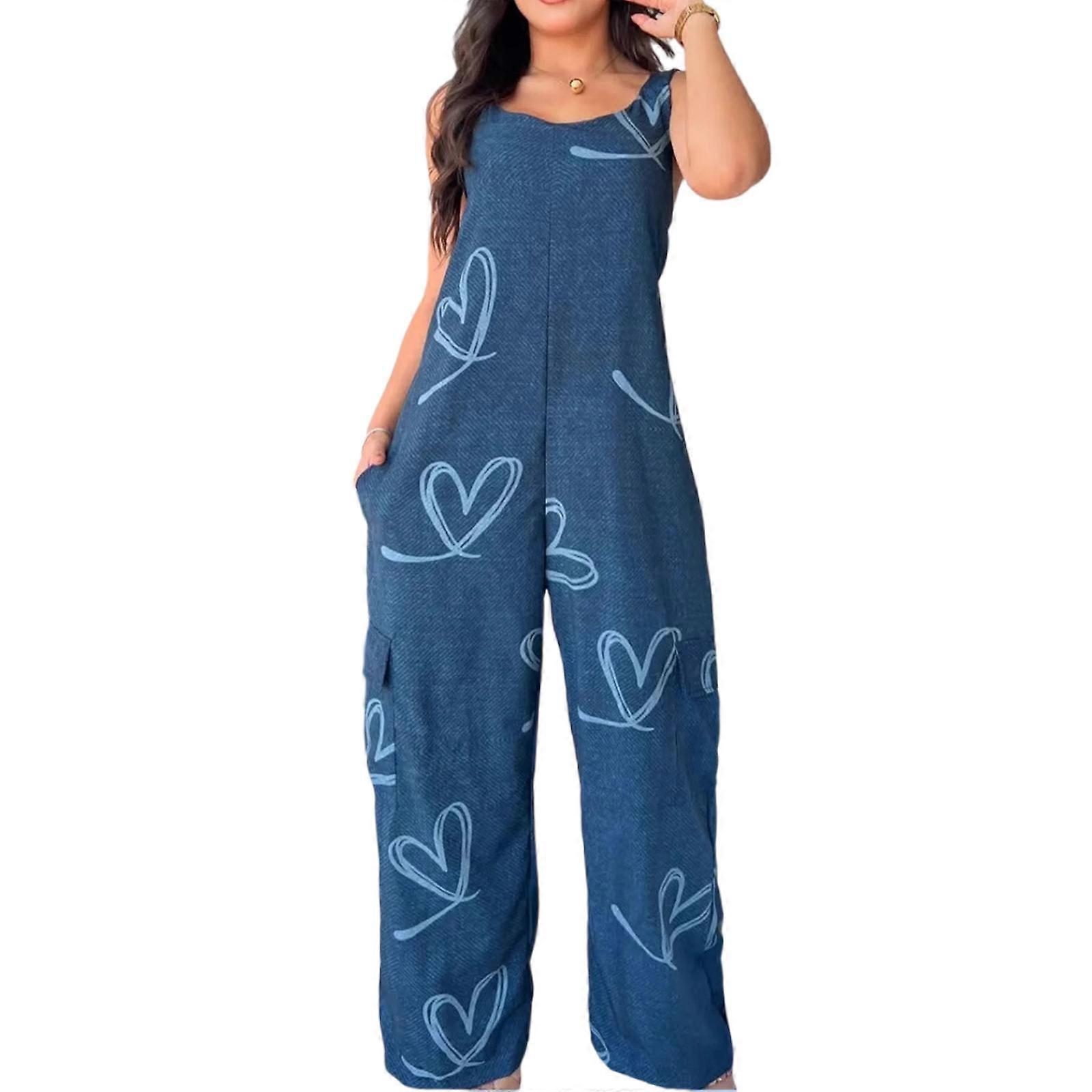 Retro Inspired Loose Fit Printed Overalls Romper High Waist Practical Polyester Jumpsuits Moisture Wicking Jumpsuit  Blue heart shape XL