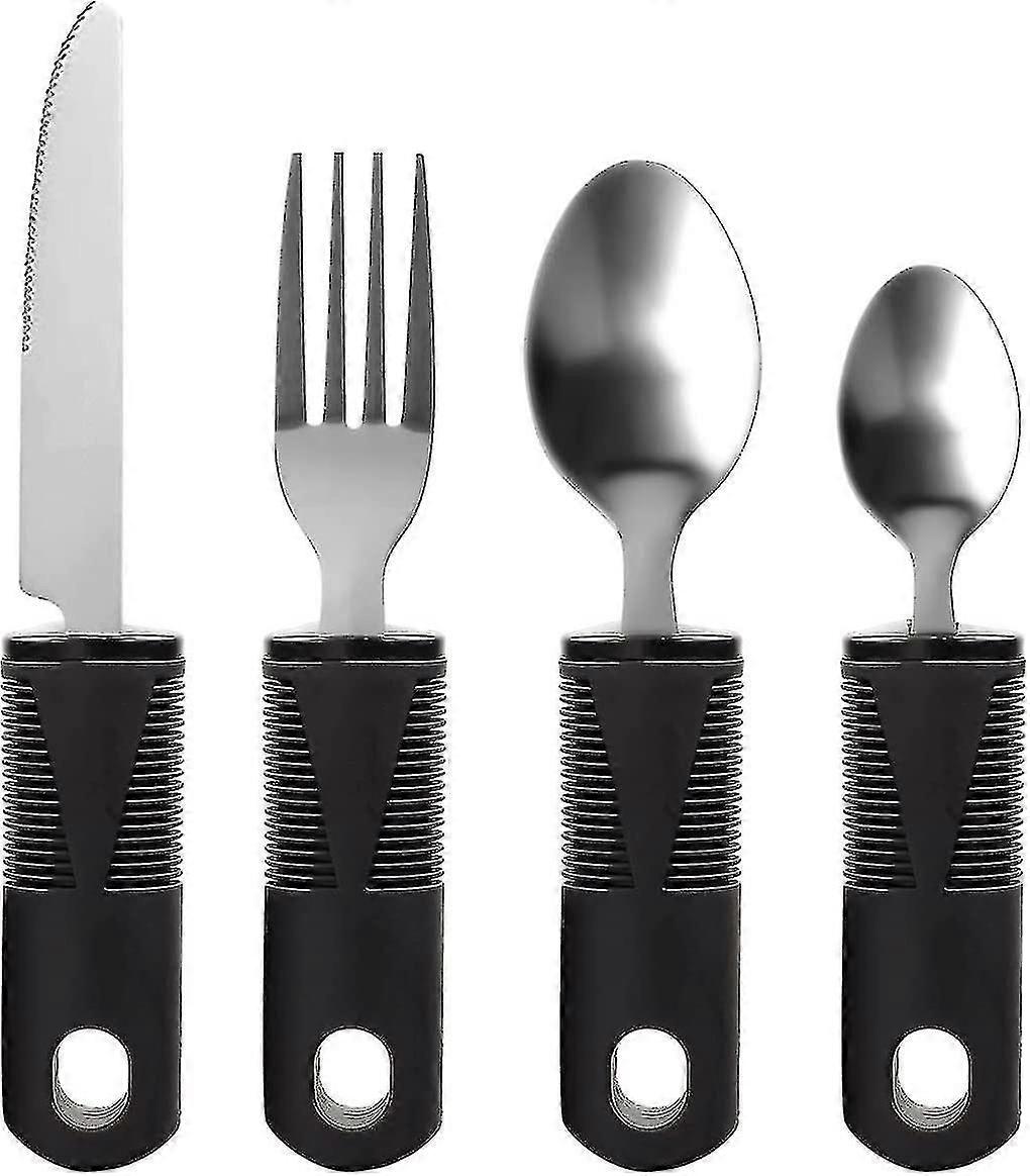 4pcs Cutlery Set for Disabled, Elderly, Parkinson's, Arthritic (Black, Easy Grip)