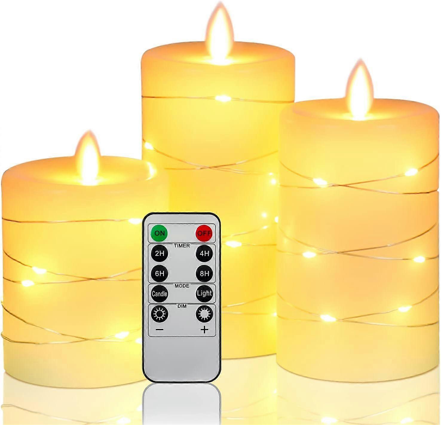 LED Candles, Battery Candles, with Embedded String Lights,   by 3-Piece flameless Candles, with 10-Key Remote Control, 24-Hour Timer Function, Dancing