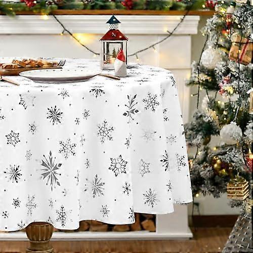 FRAMICS Christmas Tablecloth Round 60 Inch, Silver Foil Print Snowflake Christmas Table Cloth Washable, Waterproof Wrinkle Resistant White Table Cover