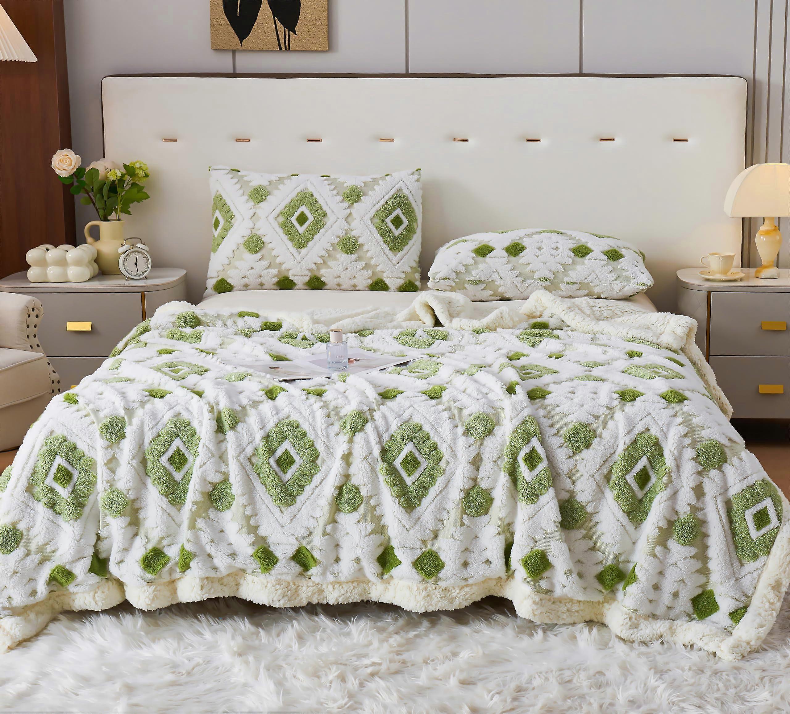 Large Bohemian Bed Blanket 80x90 Reversible Ultra Soft Sherpa Fleece Aztec Throw for All Seasons Green