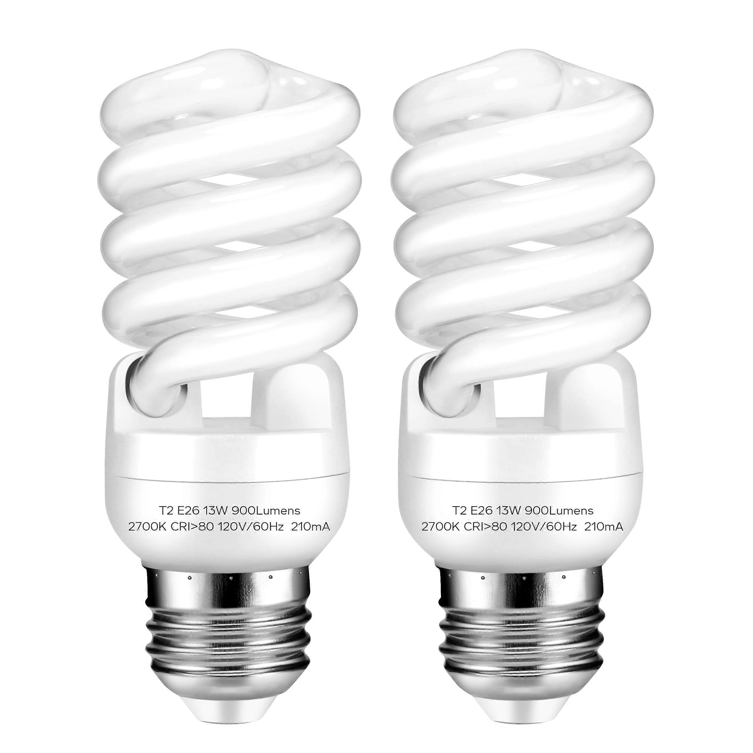 13W CFL Light Bulbs E26 Base 2700K Soft White 900 Lumens Energy Saving Spiral – 2 Pack