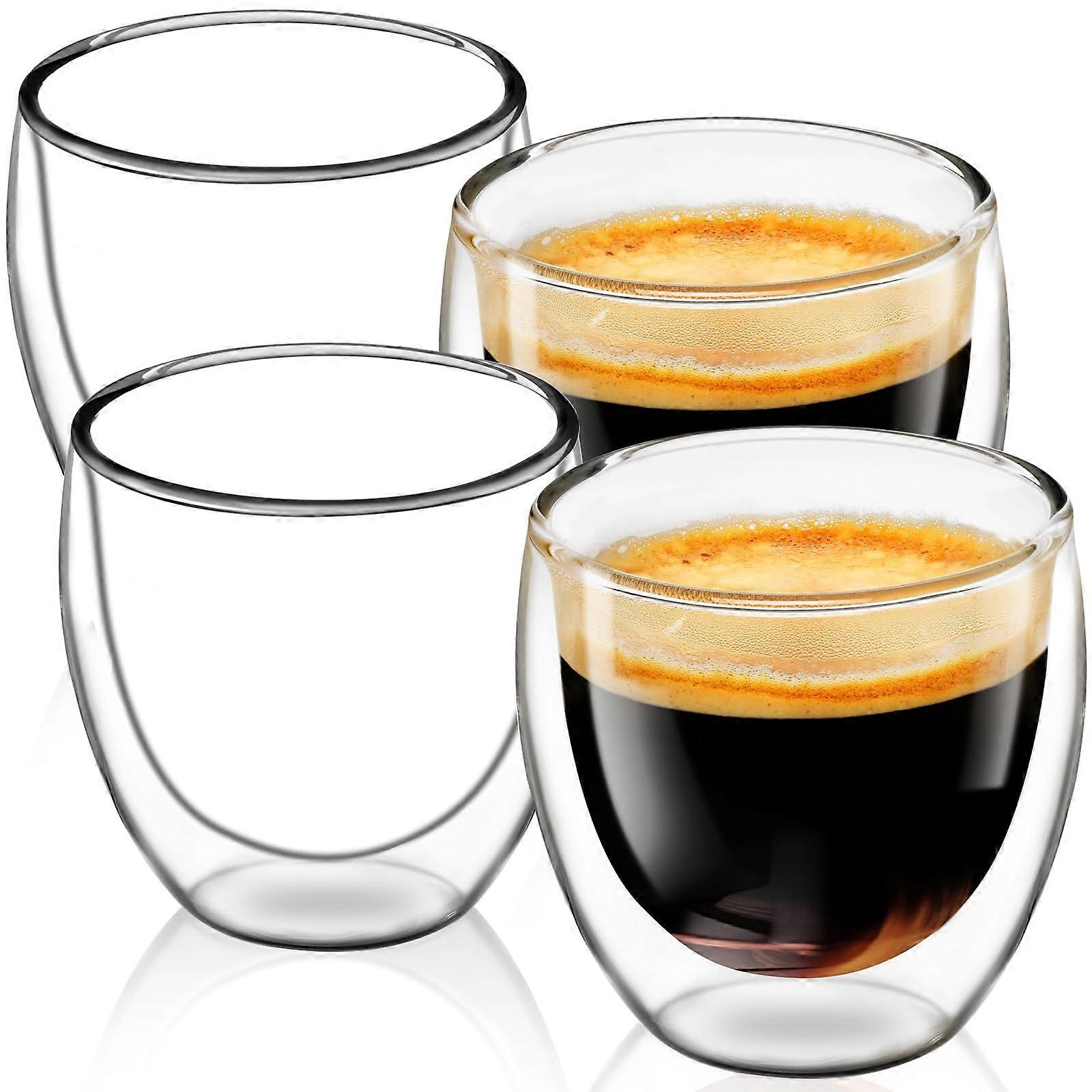 Double Wall Espresso Cups Set of 4, 5oz Borosilicate Glass Mugs, Thermal Shock Resistant, Microwave Safe