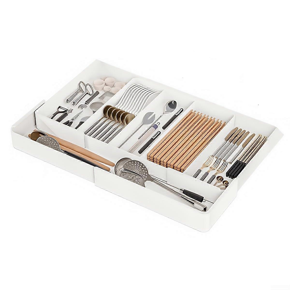 Expandable Utensil Drawer Organizer with Adjustable Compartments, Plastic Cutlery Tray for Kitchen