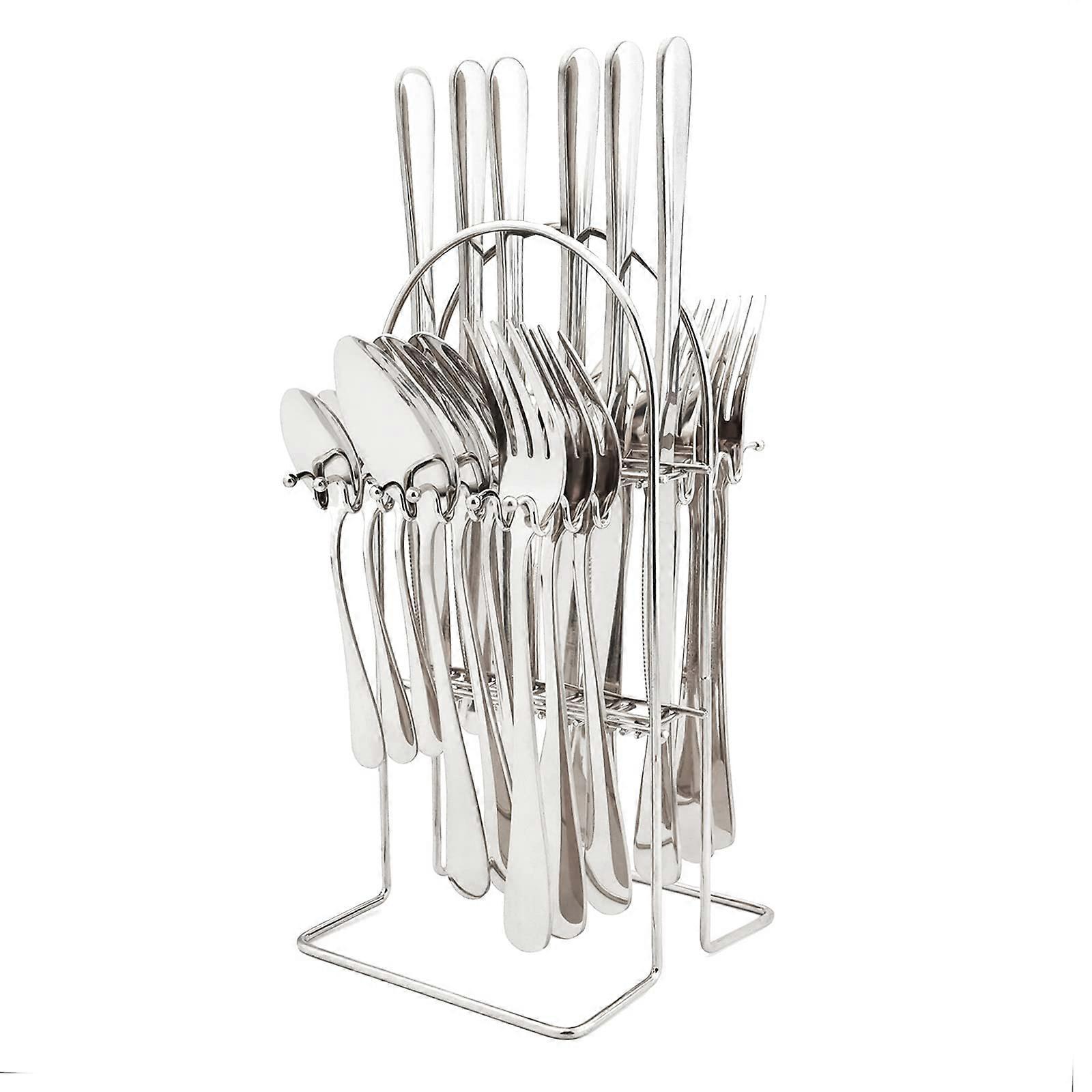 24 Piece Stainless Steel Flatware Set with Hanging Rack, Mirror Polished Silverware for 6