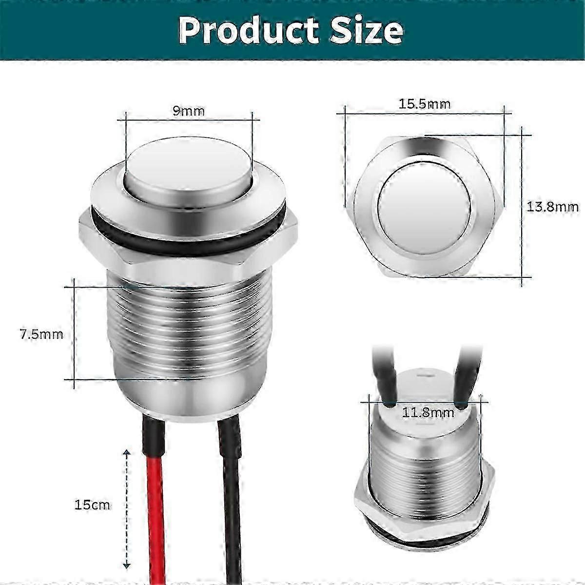 6pcs 12mm Waterproof Momentary Pressure Switch with Wire, Metal Button